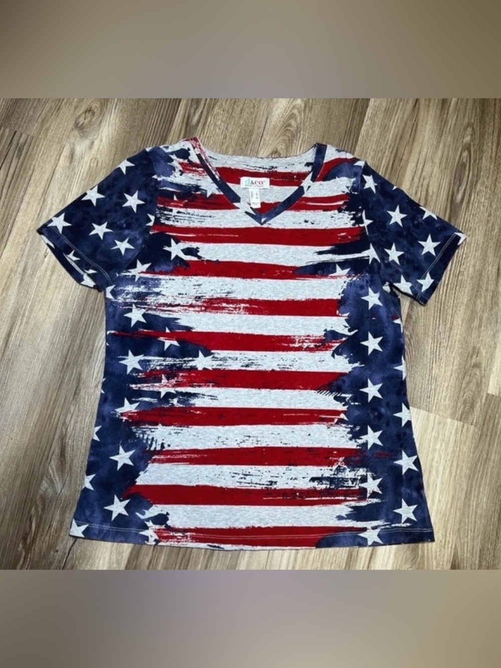 Women's V-Neck Short Sleeve Tee - Flag Stripe Print in Red, White & Blue